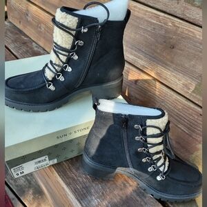 Sun + Stone Women's Faux Black Suede and Cream Fleece Accent Winter Boots Size 9